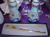Tiffany Sterling letter opener (front), Longwy vases (back)