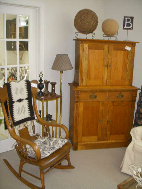 Boston rocker, Plant stand, Floor lamp, Oak 2-tier cabinet that was being used to house a small flat-screen TV