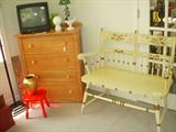 Dresser, TV, Hitchcock-style bench (not signed)