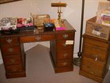 Duncan Phyfe mahogany kneehole desk, 2 drawer oak filing cabinet