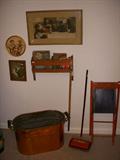 Polished copper boiler, Toy Bissell, Adv. child's folding chair, wall decor