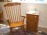 Rocking chair and vintage oak cabinet with spoon carving on door