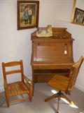 Child's drop-front writing desk and chair, plus another child's chair with slat seat