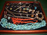 Sterling, coral & turquoise jewelry. Strand of turquoise beads is 104" long