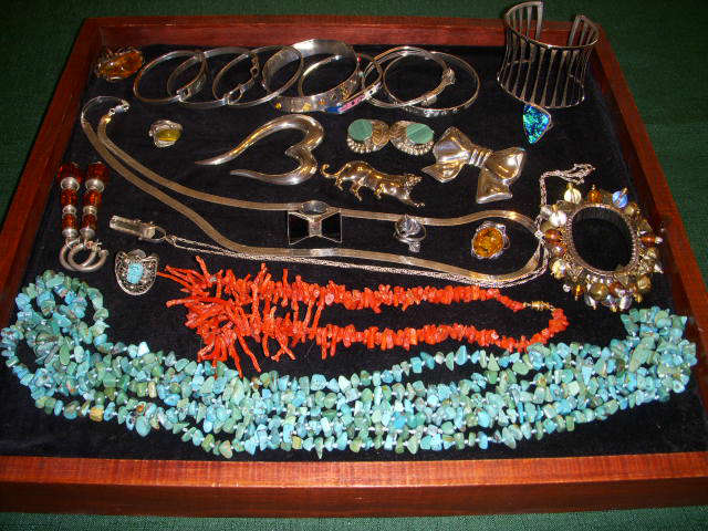 Sterling, coral & turquoise jewelry.  Strand of turquoise beads is 104" long