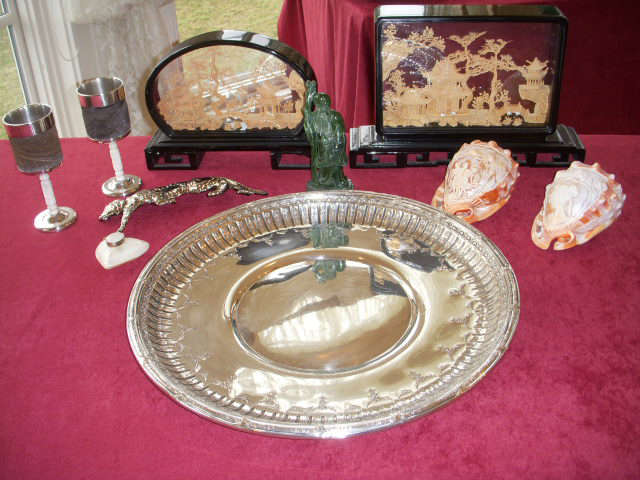 17" Gorham sterling "Marie Antoinette" tray, Carved cork scenes in frames, Carved cameo shells, Oriental cups with ivory stems.