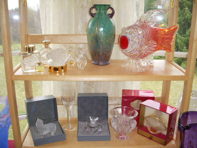 Lalique vase, figurines and bottles.  Also an art glass vase (unsigned, appears to be Murano), and fish (also unsigned)