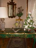 Karges Chinoiserie decorated desk, Chinoiserie frame mirror, Christmas tree decorated with Dept. 56 Snowbabies ornaments