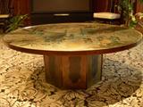1960's Philip & Kelvin LaVerne 47.75" diameter "Chan" coffee table. Patinated & enameled bronze and pewter. Partial label underneath. Signed on top.