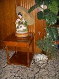 Baker lamp table, Asian oversize figurine, Asian jardiniere and artificial plant
