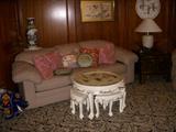 Hancock & Moore leather sofa. Chinoiserie decorated coffee table with 4 pull-out stools.