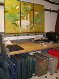 Industrial size workbench, luggage, 3-panel wall hanging of swans in lotus blossoms