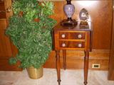19th Century two-drawer mahogany stand with glass pulls (Sandwich glass???), One of many silk plants for sale