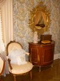 Baker chair, Kindel credenza and a mirror attributed to LaBarge