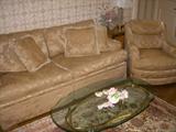 Damask upholstered sofa and chair. Coffee table attributed to LaBarge