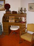 Newer rolltop desk, Oil lamps, Edison phonograph, 1920's era chair