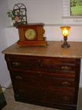Victorian marble top dresser, Seth Thomas "Adamantine" mantle clock (runs), decorative accessories