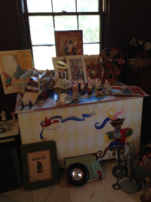 Hand painted toy chest and antique toys