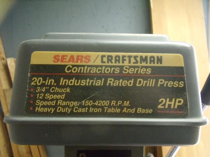 Sears Craftsman Contractor 20" 2 HP Drill Press & Bits         $250.00