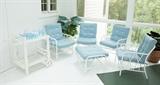 4 white aluminum chairs w blue cushions, foot stool, wood bar cart
