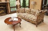 Gabberts "New Directions" 2 cushion sleigh style couch w wood trim, Wood coffee table