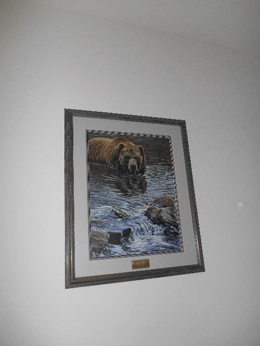 Wildlife print of a bear hunting fish