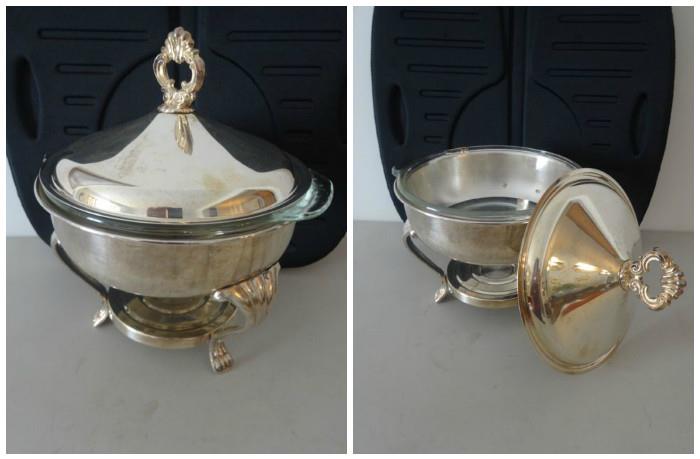 A silver serving dish
