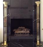 Brass "Contemporary-Deco" Style Torcheres flank Marble and Granite Fireplace