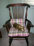 ANTIQUE ROCKING CHAIR, LARGE BRASS PIGGY BANK