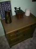 ANTIQUE WASH STAND, COFFEE GRINDER, ARTS & CRAFTS MISSION COPPER PITCHER