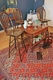 Bar stools, small oak table, Persian rug any more