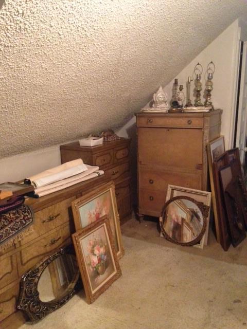 Matching long dresser (with mirror) and tall dresser. Antique writing cabinet/dresser. Framed art. Third floor.