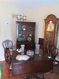 Duncan Phife table and 4 chairs, small mahogany china cabinet, grandfather clock
