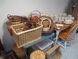 baskets, oak top with painted white legs kitchen table and 3 chairs