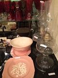 Cameo ware by Harker Pottery Co. USA; oil lamps;