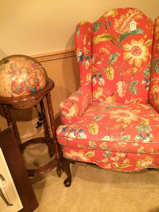 Floor model globe; 1 of 2 matching wing back chairs