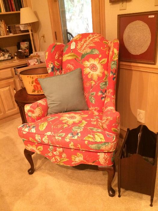         1 of 2 matching wing back chairs; wooden magazine rack; small side table;