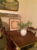 Vintage framed landscape; small table with 2 chairs
