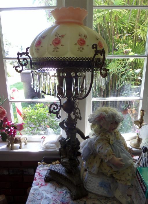 vintage cherub  all original oil lamp