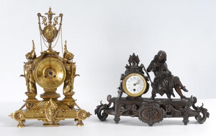 French Figural Gilt Bronze and Cast Metal Mantle Clocks