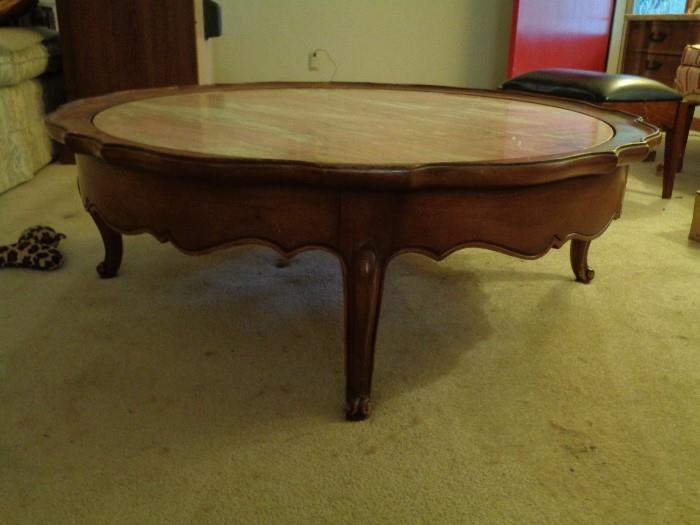 Rose round marble top coffee table -- has 2 matching end tables.  Walnut -- in excellent condition.