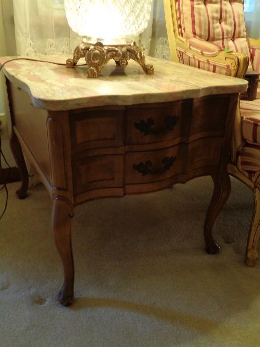 Rose marble top end tables -- pair with matching round coffee table -- walnut -- in excellent condition