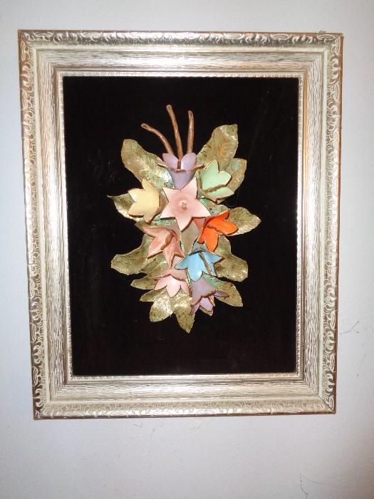 Ceramic floral wall hanging on black velvet -- 16 x 20 -- Capadumonti style but not marked or signed; Another available with red velvet