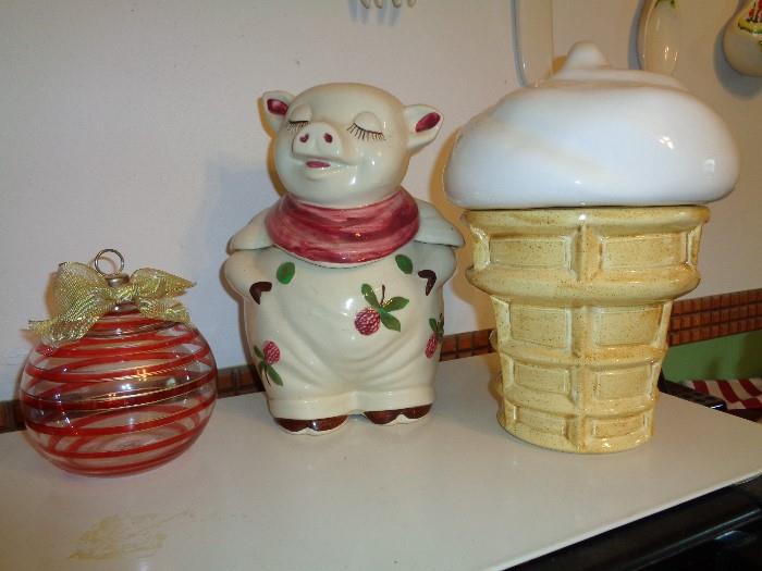 Cookie Jars and candy jar.  Smiley the Pig, Ice Cream Cone and Christmas ornament candy dish.