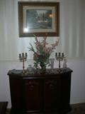 Brass Pair of Candleabras, Mahogany Console with Matching Mirror