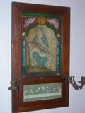 Last Rights Prayer Box with all Accessories in Case. Reverse Painting on Glass with Mother of Pearl Inlay and Brass Candle Holders
