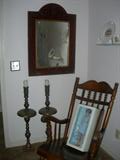 Victorian Mirror - Velvet with Brass Tacks and Pair of Tall Brass Candlesticks