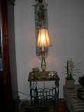 Pair Hand Painted Metal Lamps, Stained Glass End Table, Metal Magazine Rack and Many Silk Arrangements