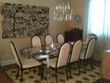 Chrome & Glass Banquet Table (2 Leaves) with 8 Side Chairs (Ivory Upholstery & Black Lacquer)