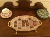 English Cup & Saucer, Glass & Metal Platter & Cloissone Covered Bowl